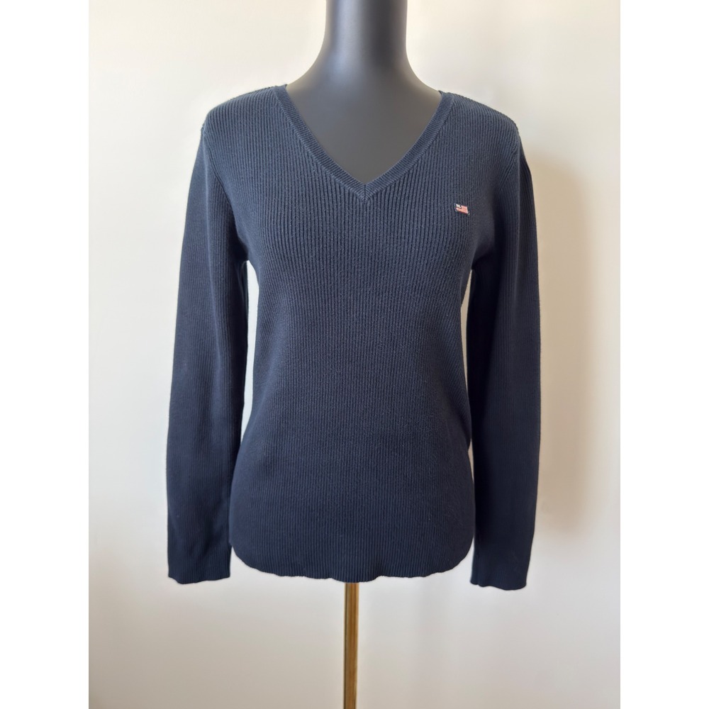 Vtg Polo Jeans Co Ralph Lauren Navy Blue Ribbed V-Neck Sweater American Flag XL